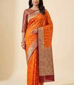 Banarasi cotton silk saree in orange with   zari booti   work