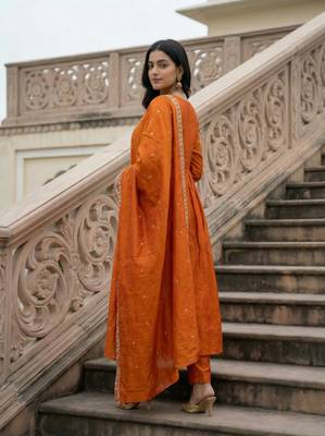 orange embroidered vichitra ethnic suit set with dupatta 2