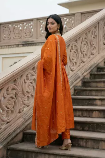 orange embroidered vichitra ethnic suit set with dupatta