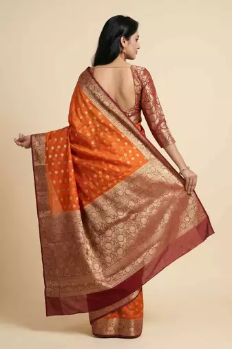 Banarasi cotton silk saree in orange with   zari booti   work