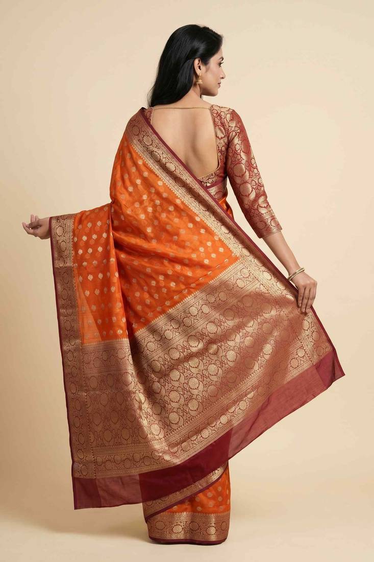 Banarasi cotton silk saree in orange with   zari booti   work