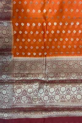 Banarasi cotton silk saree in orange with   zari booti   work 3