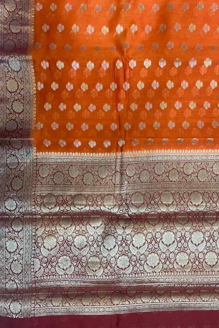 Banarasi cotton silk saree in orange with   zari booti   work
