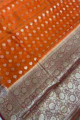 Banarasi cotton silk saree in orange with   zari booti   work 4