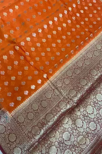 Banarasi cotton silk saree in orange with   zari booti   work