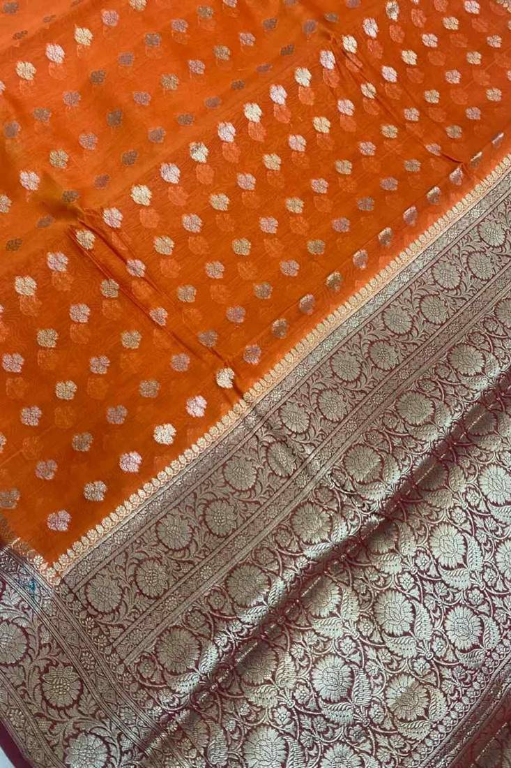 Banarasi cotton silk saree in orange with   zari booti   work