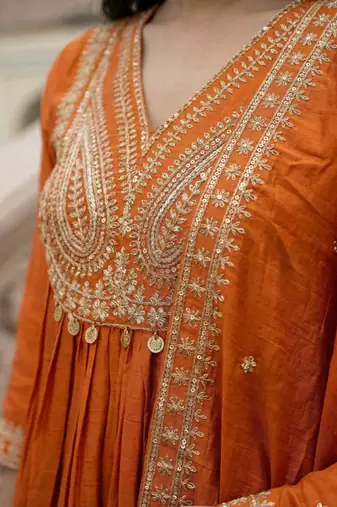 orange embroidered vichitra ethnic suit set with dupatta