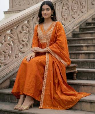 orange embroidered vichitra ethnic suit set with dupatta 5