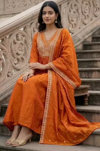orange embroidered vichitra ethnic suit set with dupatta