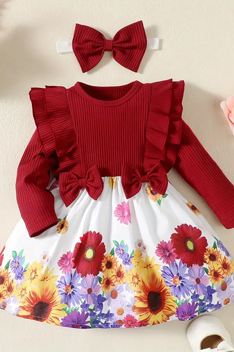 Maroon floral print ribbed cotton blend fit & flare girls dress