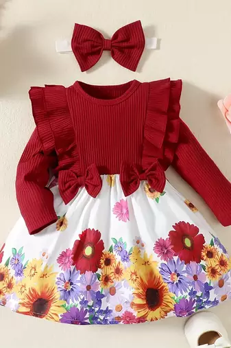 Maroon floral print ribbed cotton blend fit & flare girls dress