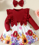 Maroon floral print ribbed cotton blend fit & flare girls dress