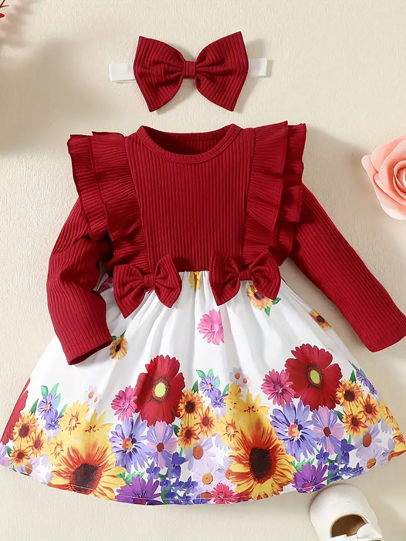 Maroon floral print ribbed cotton blend fit & flare girls dress