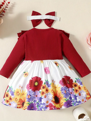 Maroon floral print ribbed cotton blend fit & flare girls dress 2