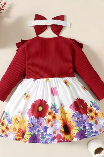 Maroon floral print ribbed cotton blend fit & flare girls dress