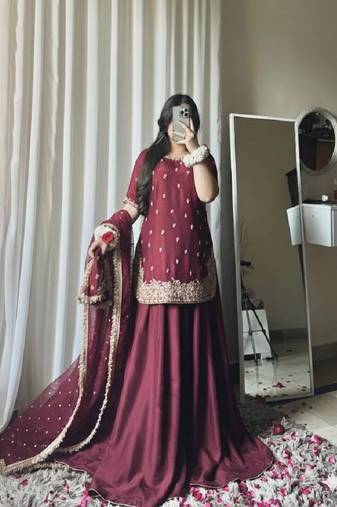 Red Womens embroidery sequins work palazzo set