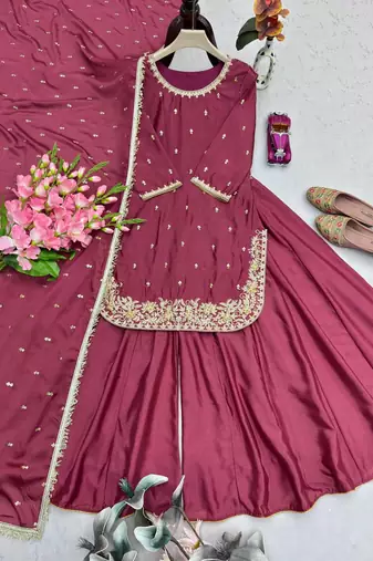 Red Womens embroidery sequins work palazzo set