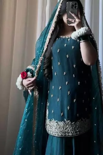 Teal embroidery sequins work palazzo set