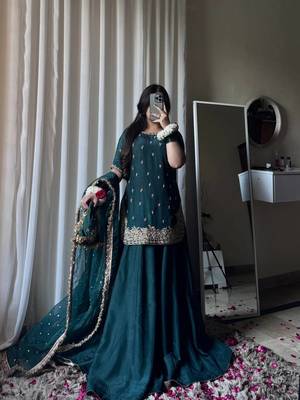 Teal embroidery sequins work palazzo set 3