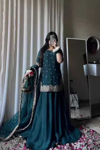 Teal embroidery sequins work palazzo set