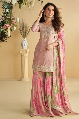 Pink floral embroidered Kurti sharara with dupatta