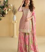 Pink floral embroidered Kurti sharara with dupatta