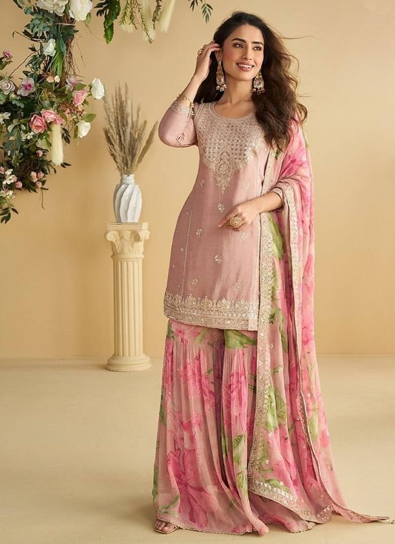 Pink floral embroidered Kurti sharara with dupatta