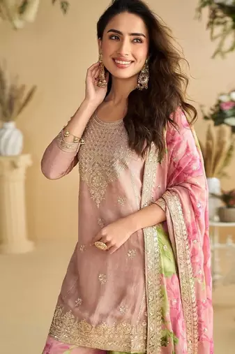 Pink floral embroidered Kurti sharara with dupatta