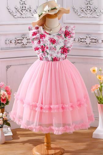 Pink floral print net fit & flare girls party dress