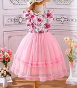 Pink floral print net fit & flare girls party dress