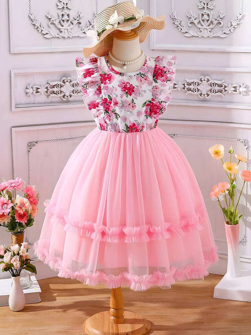 Pink floral print net fit & flare girls party dress