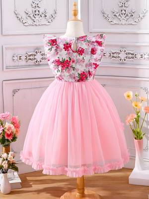 Pink floral print net fit & flare girls party dress 2