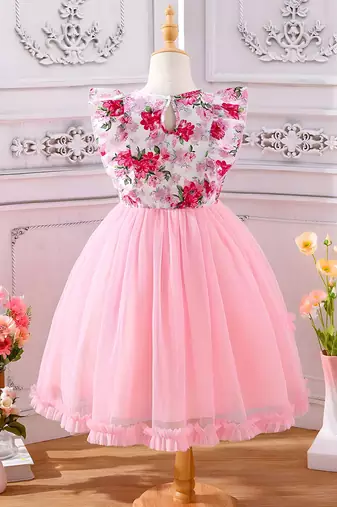 Pink floral print net fit & flare girls party dress