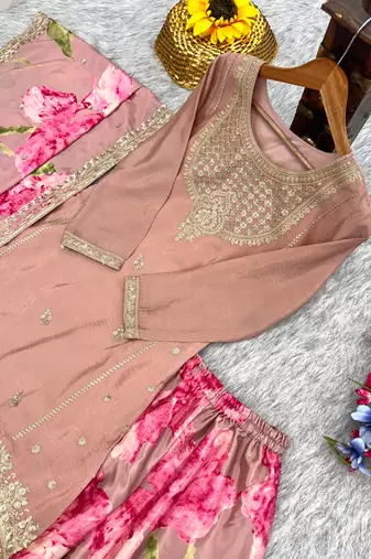 Pink floral embroidered Kurti sharara with dupatta