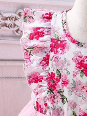 Pink floral print net fit & flare girls party dress 3