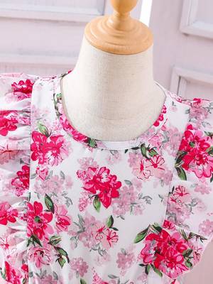 Pink floral print net fit & flare girls party dress 4