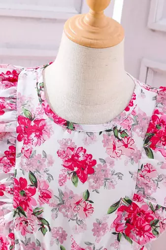Pink floral print net fit & flare girls party dress