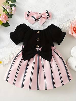 Black & pink striped cotton blend fit & flare girls dress 1