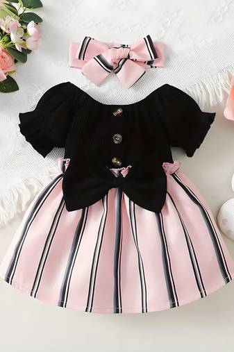 Black & pink striped cotton blend fit & flare girls dress