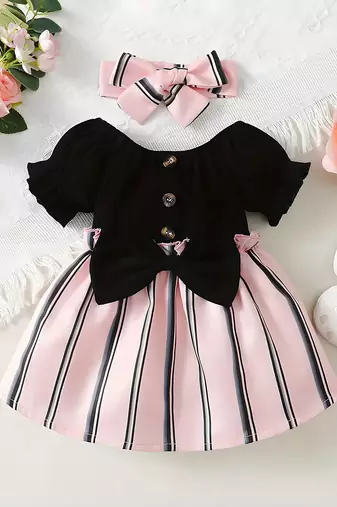 Black & pink striped cotton blend fit & flare girls dress