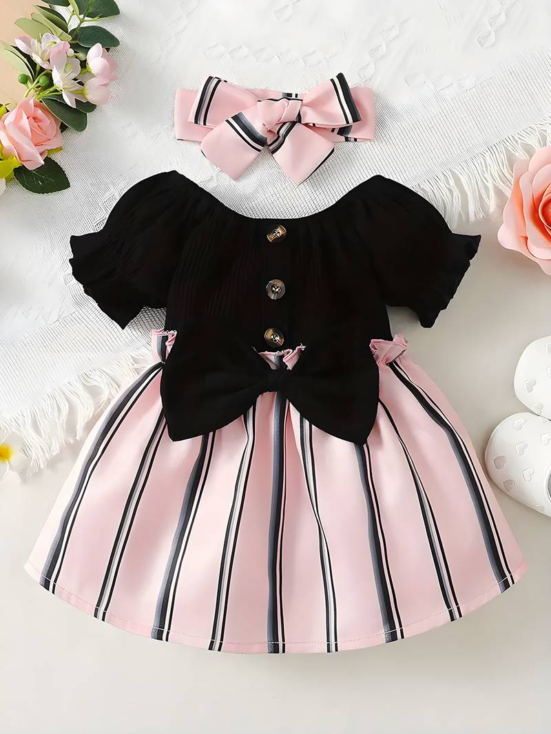 Black & pink striped cotton blend fit & flare girls dress