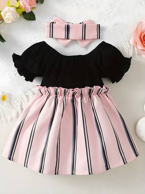 Black & pink striped cotton blend fit & flare girls dress 2