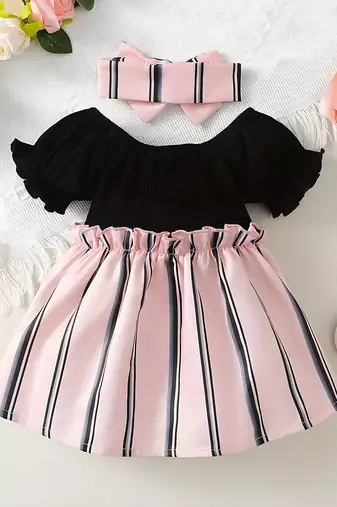 Black & pink striped cotton blend fit & flare girls dress