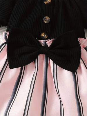 Black & pink striped cotton blend fit & flare girls dress 3