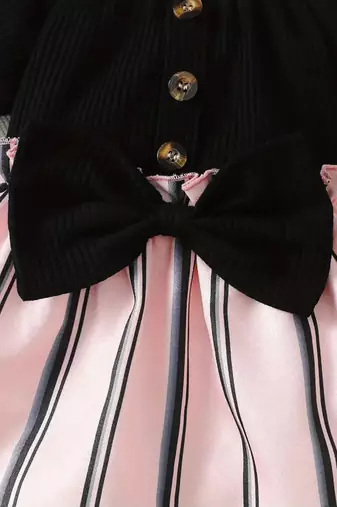 Black & pink striped cotton blend fit & flare girls dress