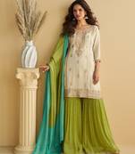 Elegant cream & green pakistani sharara suit with embroidered kurta dupatta