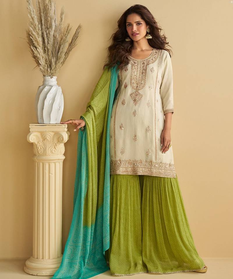 Elegant cream & green pakistani sharara suit with embroidered kurta dupatta