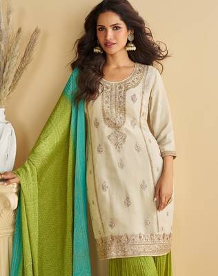 Elegant cream & green pakistani sharara suit with embroidered kurta dupatta 2