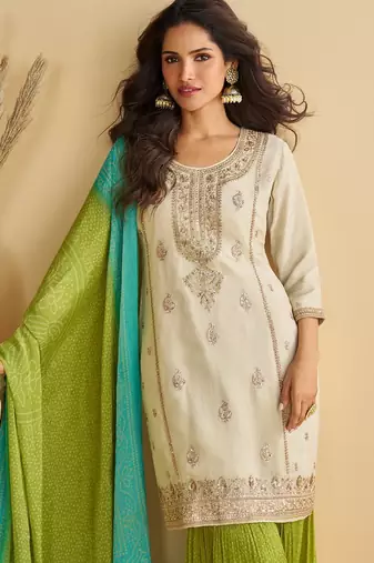 Elegant cream & green pakistani sharara suit with embroidered kurta dupatta