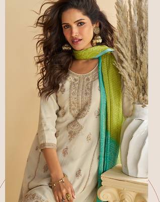 Elegant cream & green pakistani sharara suit with embroidered kurta dupatta 3